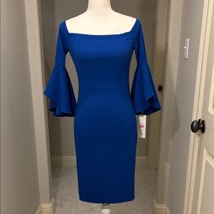 NWT Calvin Klein Royal Blue Long Sleeve Off-the-shoulder Dress